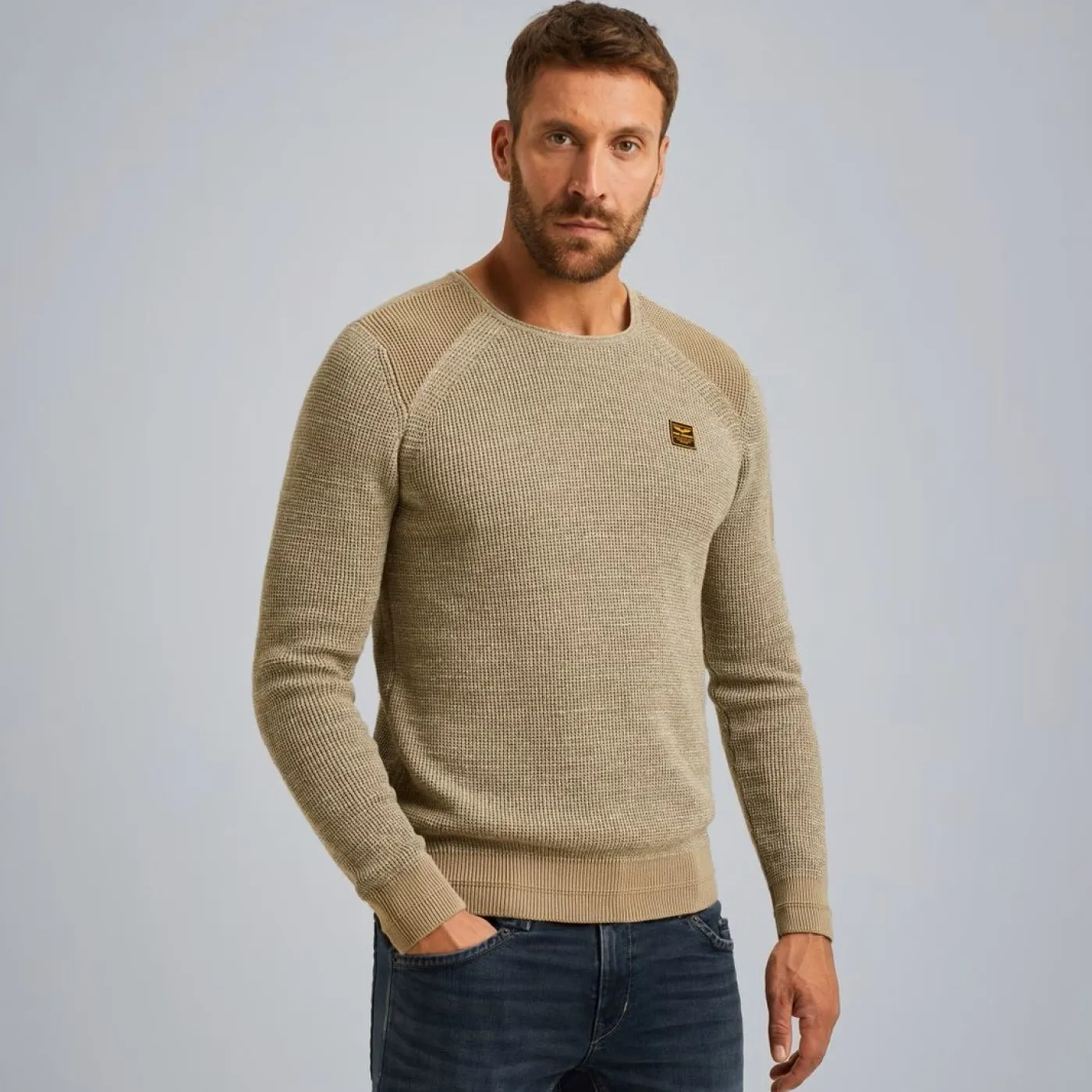 R-neck cotton rib melee knit