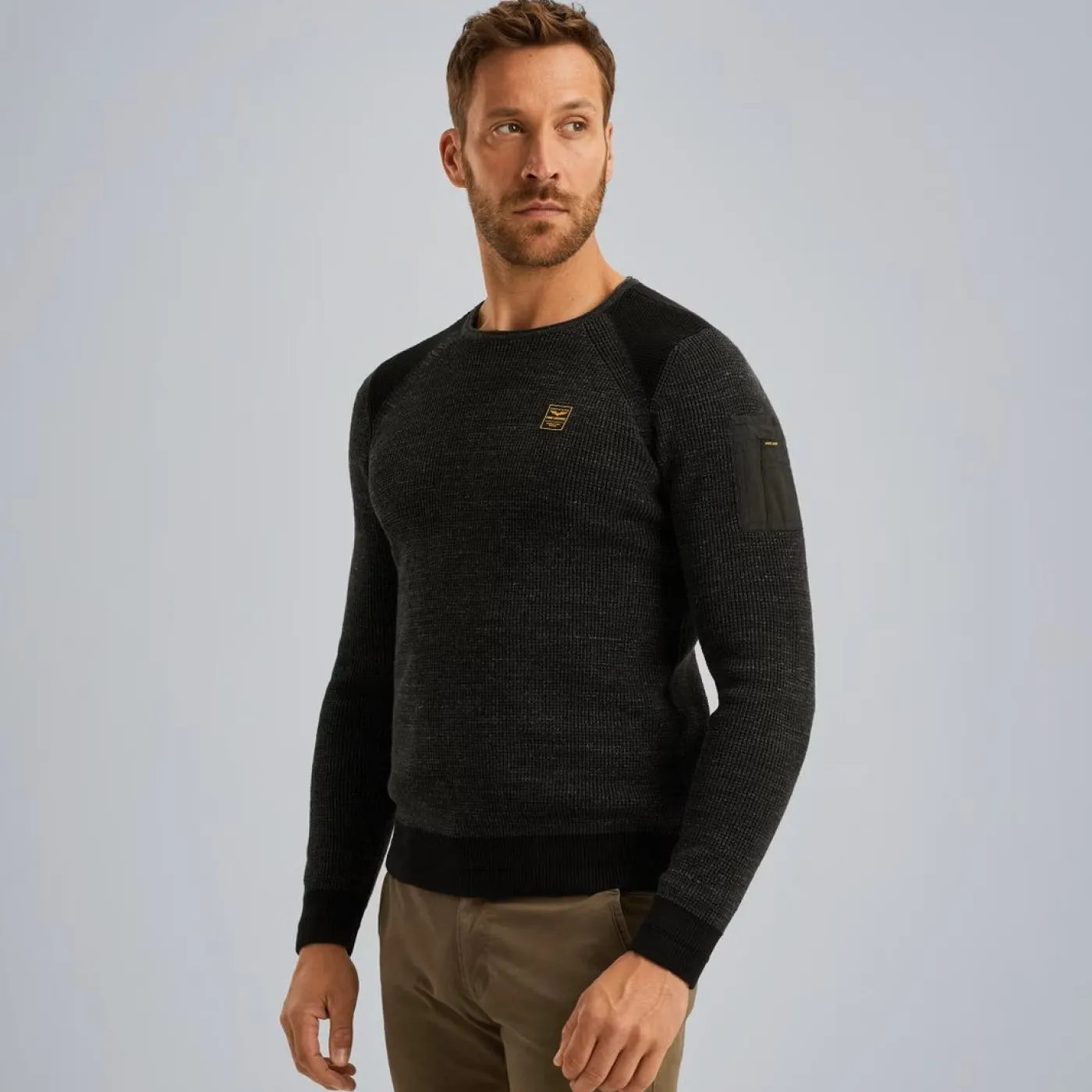 R-neck cotton rib melee knit