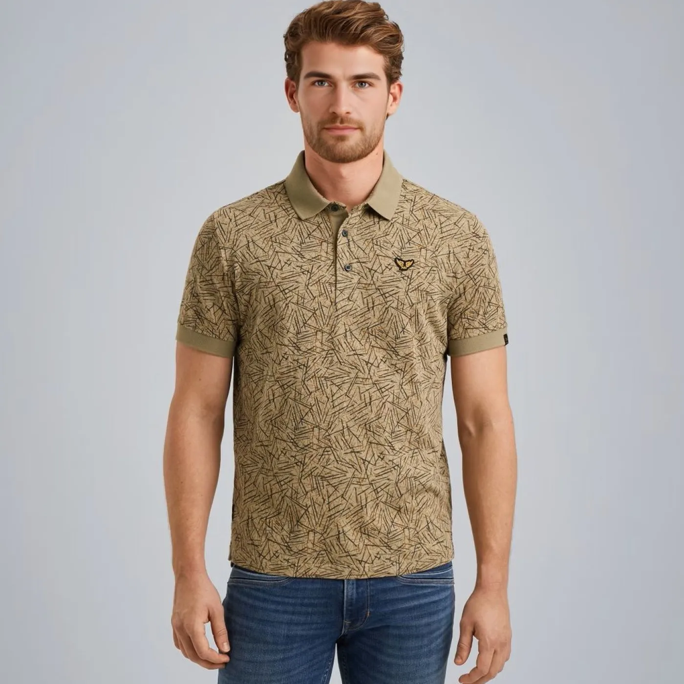 Short sleeve polo slub jersey aop