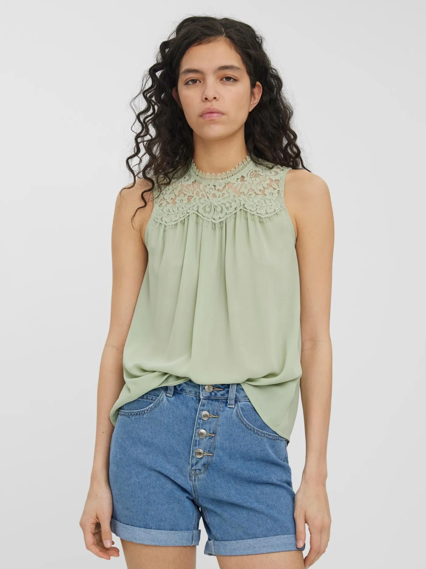 VMMAPLE SL LACE NECK TOP GA NOOS - Desert Sage