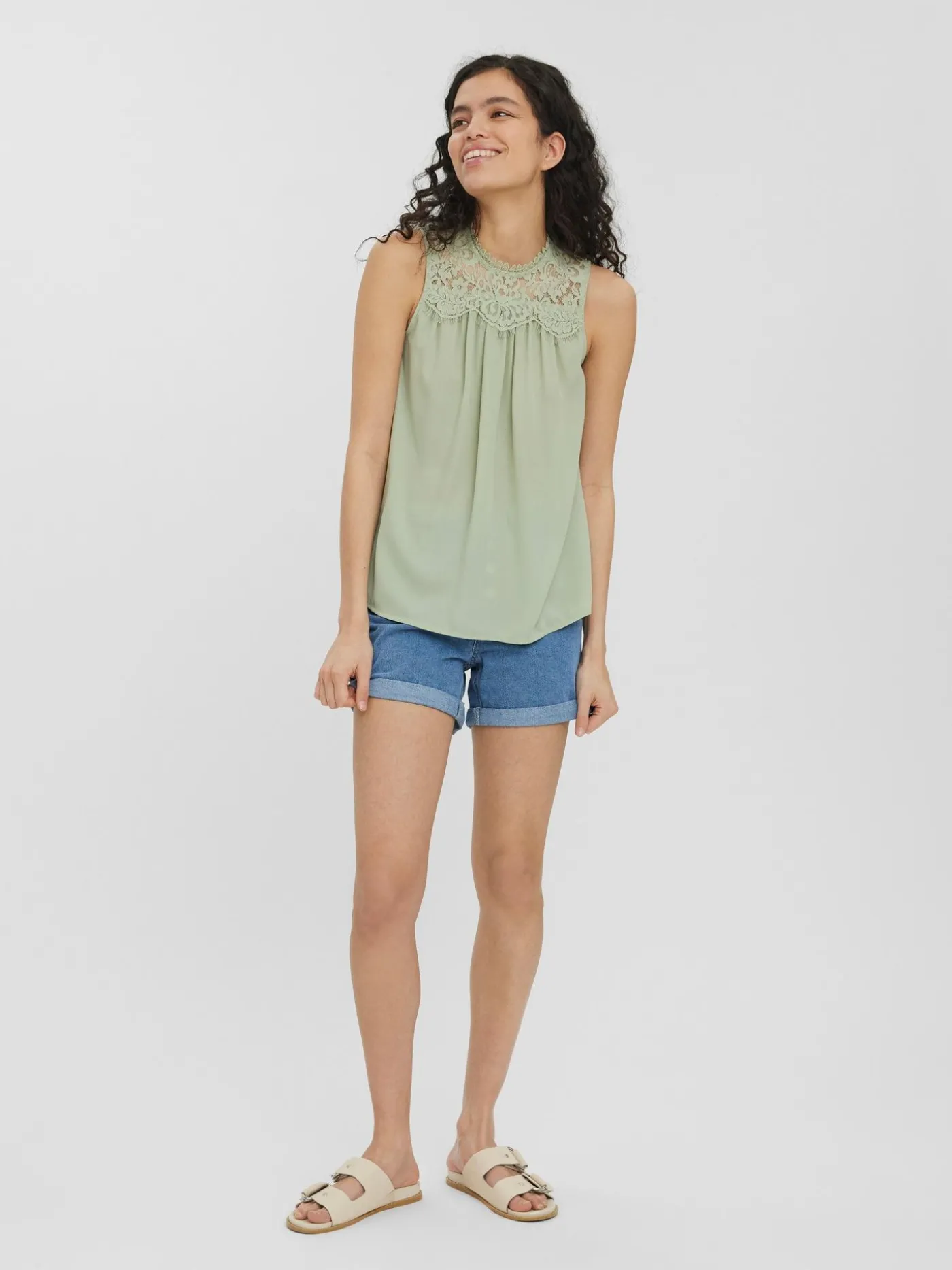 VMMAPLE SL LACE NECK TOP GA NOOS - Desert Sage